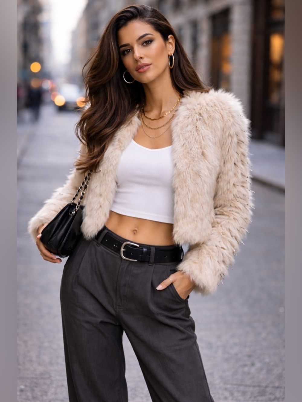 UNIF Faux Fur Jacket Spiked Sleeve Cream Luxe Rocker It Girl Coat NWT Medium